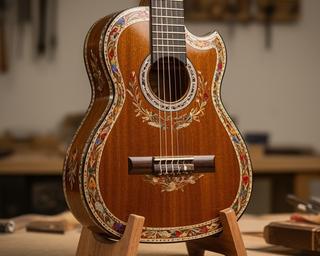 Guitarra criolla personalizada con detalles de fileteado apoyada en soporte de madera