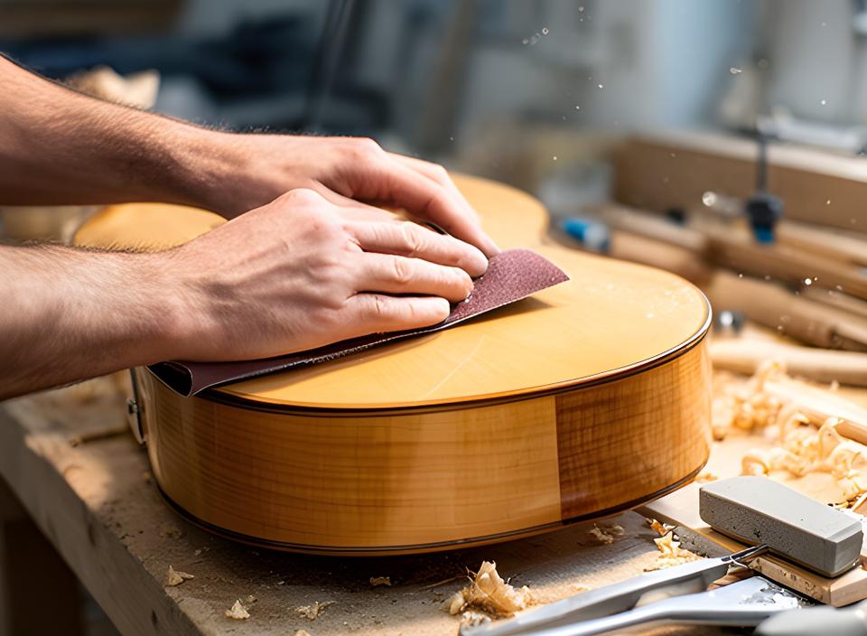 Luthier lijando y ajustando un instrumento de cuerda en una mesa de fabricación con luz natural