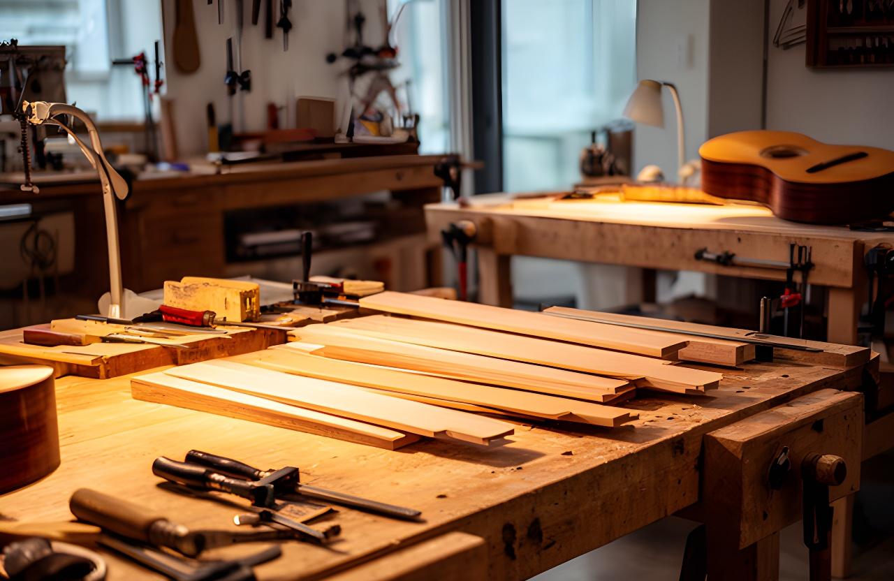 Taller de instrumentos musicales en Gálvez con bancos de trabajo, herramientas y maderas ordenadas para luthería artesanal