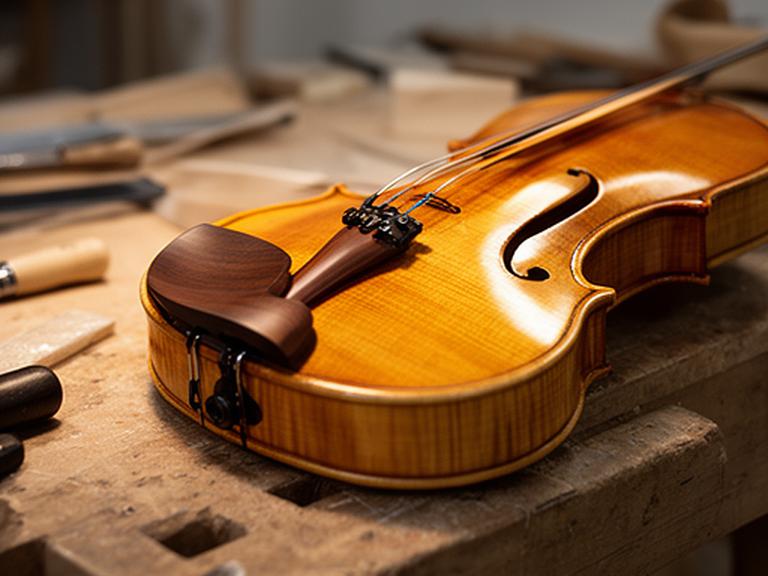 Violín artesanal con barniz aplicado a mano sobre banco de trabajo iluminado en el taller
