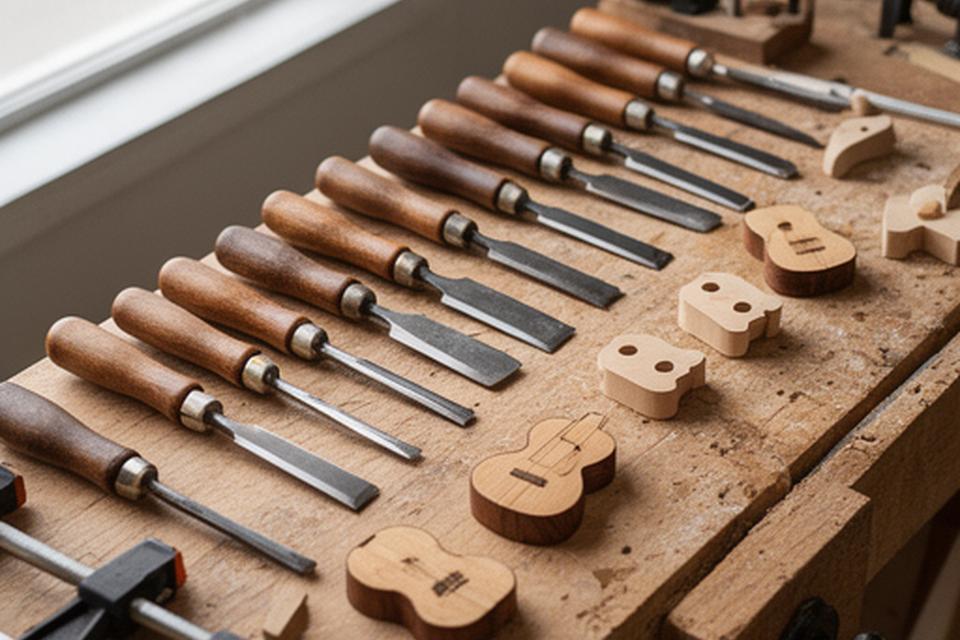 Banco de trabajo con herramientas de luthería ordenadas y piezas de madera en un taller artesanal