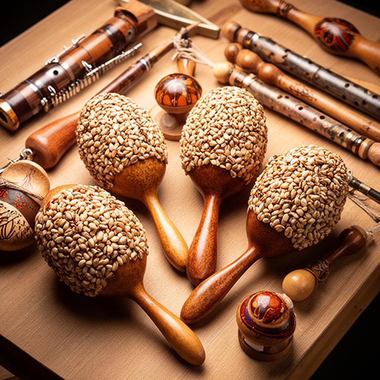 Maracas de calabaza y accesorios artesanales ordenados sobre una mesa de luthería con semillas visibles