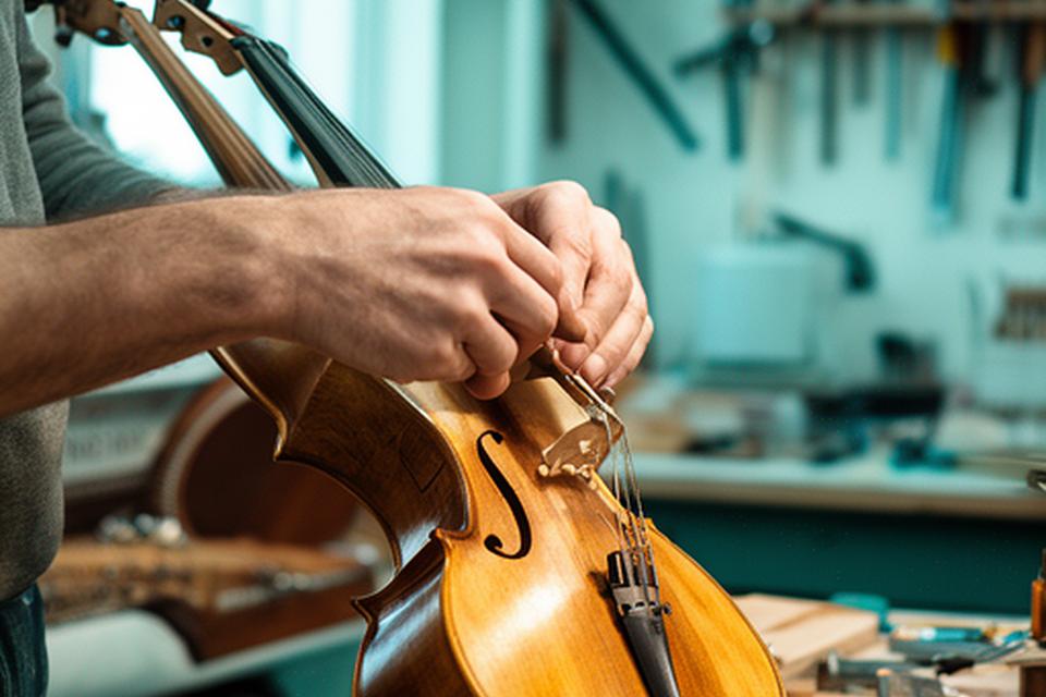 Luthier afinando un instrumento de cuerda en un taller luminoso de Gálvez, Santa Fe