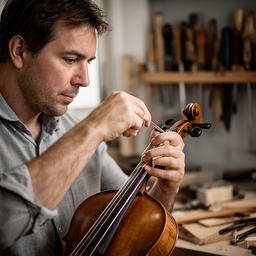 Maestro luthier trabajando en el ajuste final de una guitarra en el taller