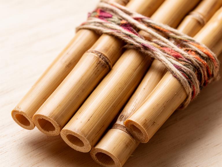 Sikus artesanales de caña atados con hilo tradicional andino en una superficie de madera clara
