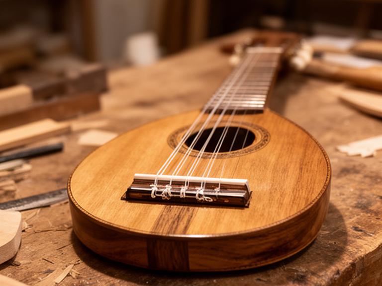 Charango artesanal con clavijero tradicional y cuerdas de nylon en una mesa rústica del taller
