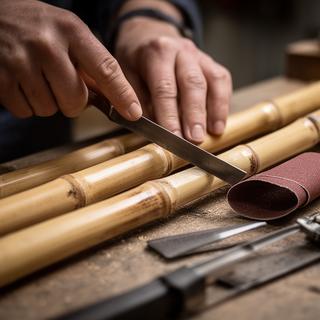 Detalle de corte y lijado de cañas para instrumentos de viento sobre una mesa de trabajo
