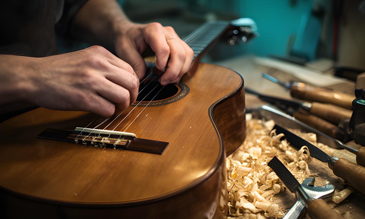 Manos de un luthier trabajando una guitarra criolla en el taller de Ruta Provincial 10, con viruta de madera y herramientas apoyadas cerca