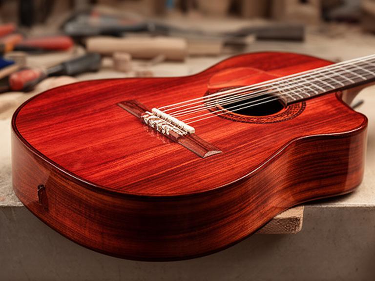 Guitarra criolla apoyada sobre una mesa de luthería con tapa de cedro y fondo de palo santo