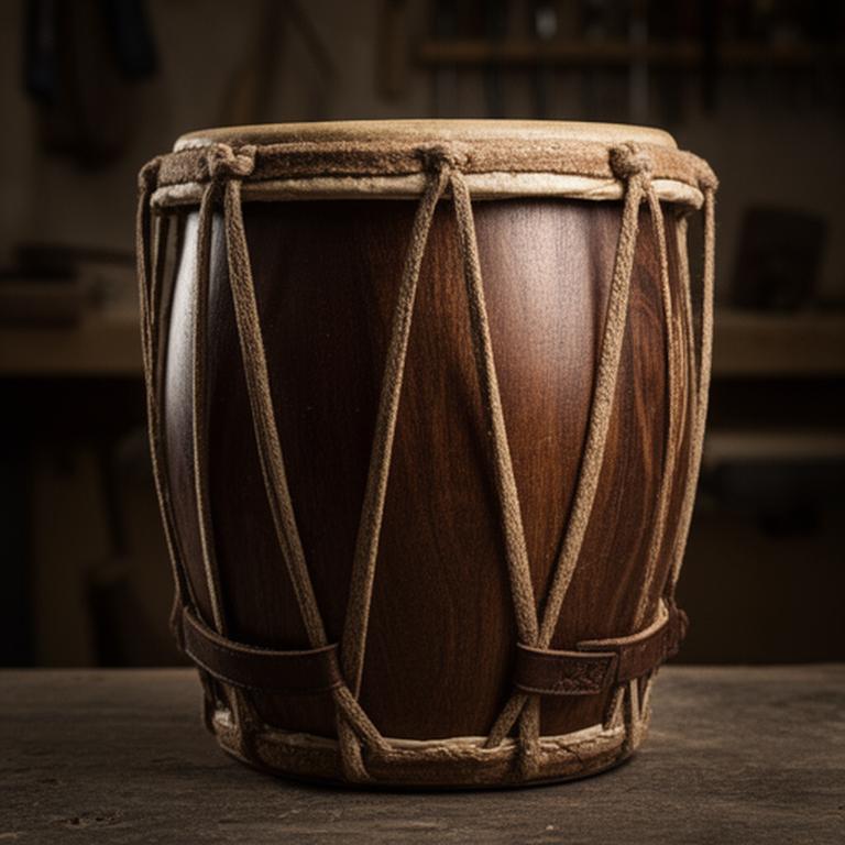 Bombo legüero de ceibo con parches de cuero curtido y tensores de soga tradicionales