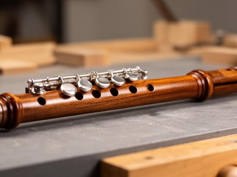 Flauta traversa artesanal de madera noble con llaves simplificadas sobre banco de luthería