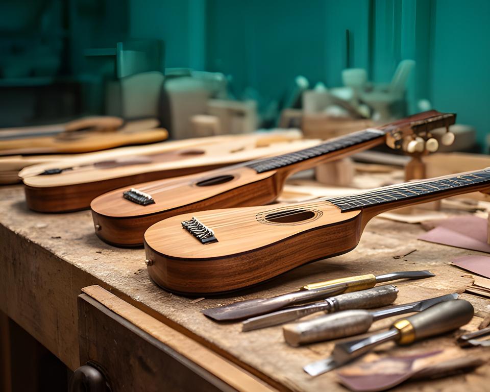 Banco de luthería con guitarras, maderas nobles y herramientas finas en un taller artesanal de Gálvez