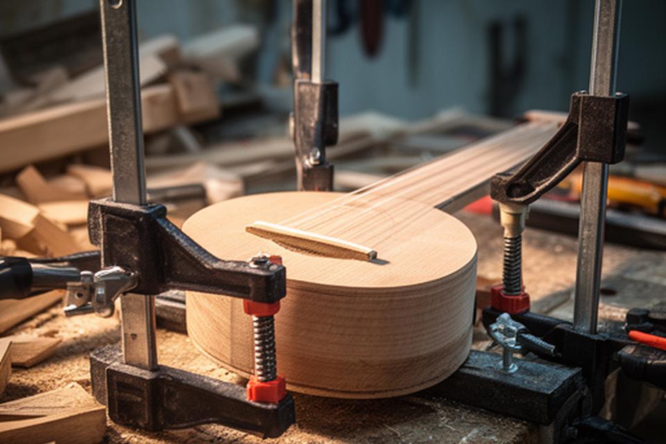 Instrumento musical a medio construir sujetado con prensas en un taller de Gálvez