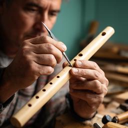 Especialista en instrumentos de viento ajustando una quena con herramientas finas