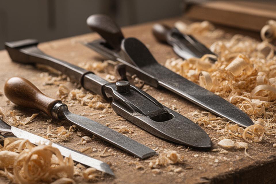 Herramientas tradicionales de luthería sobre una mesa con virutas de madera