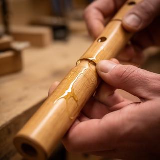 Manos aplicando aceites naturales a un tubo de madera para un instrumento de viento