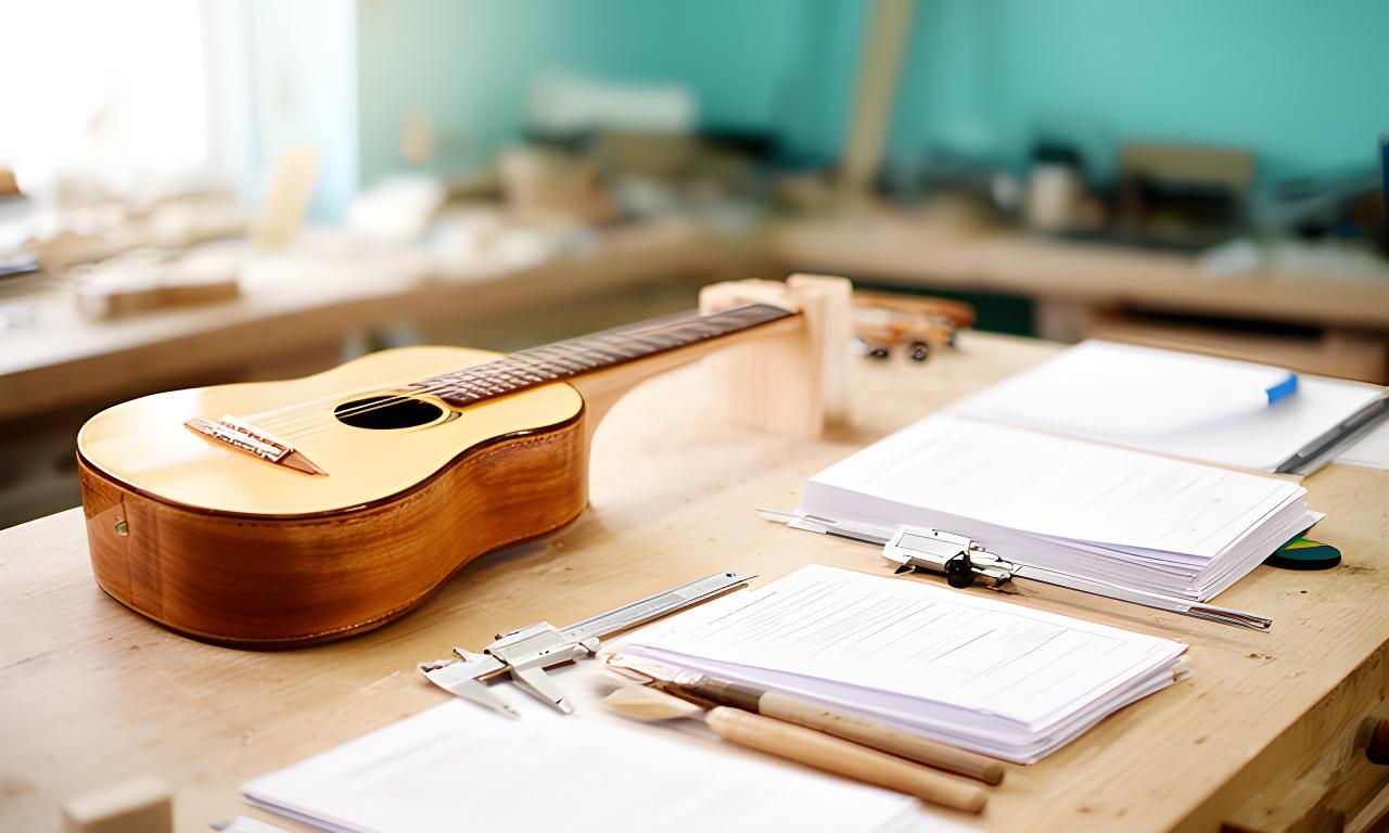 Mesa de trabajo con un instrumento artesanal, documentos ordenados y herramientas de precisión en un taller luminoso de Gálvez