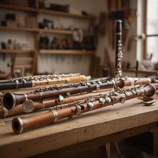 Instrumentos de viento terminados en una repisa de madera dentro del taller de Gálvez