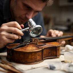 Restaurador revisando un instrumento antiguo con lupas y materiales de conservación